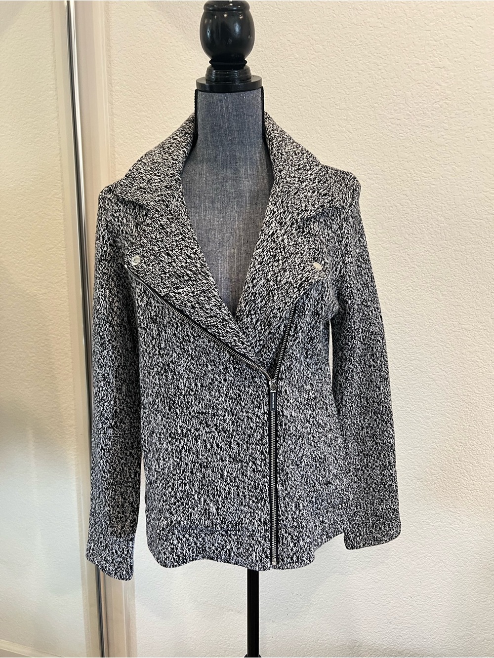 Michael Kors Black and White Marled Sweater Knit Moto Jacket - Women